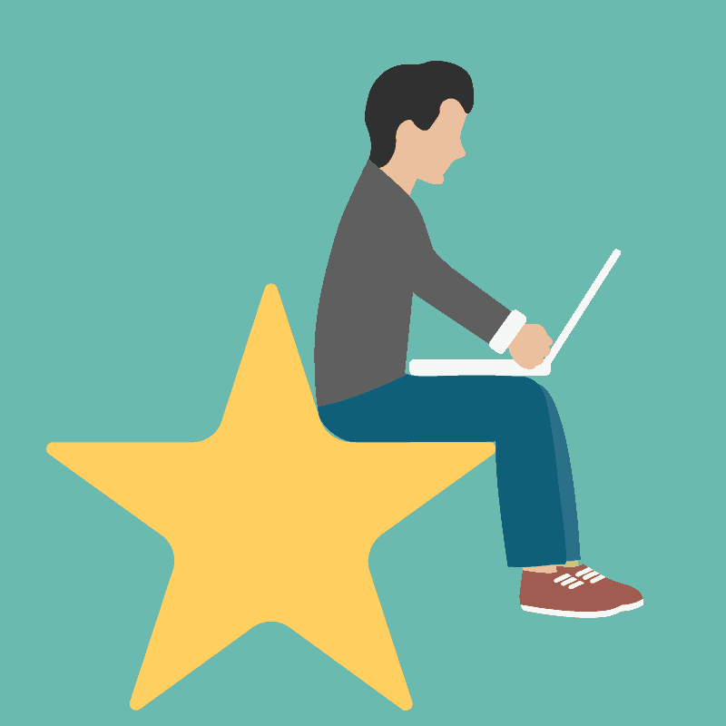 man with laptop sitting on a review star